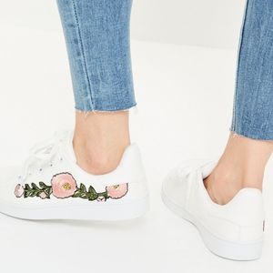 white floral embroided lace up sneakers